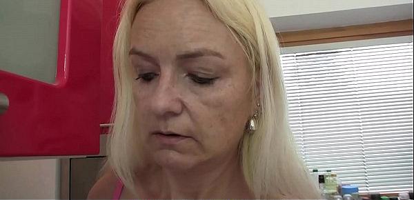  Old blonde mother-in-law swallows his big dick